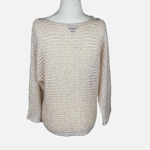 Ann Taylor Loose-Knit Sweater Beige Sequined 3/4-Sleeve Scoop-Neck Sz. M - Picture 4 of 6